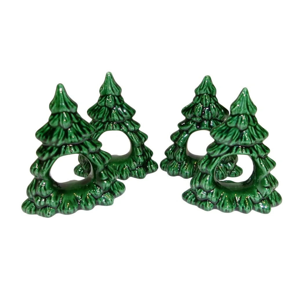 Vintage Green Ceramic Christmas Tree Napkin Rings Set of 4 Holiday Table Decor